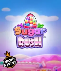 Скриншот игрового автомата Sugar Rush от Pragmatic Play, демонстрирующее разноцветный мир конфет и сладостей. На изображении видны иконки в виде конфет и желейных мишек, окруженные яркой атмосферой. В верхней части расположен логотип игры Sugar Rush, подчеркивающий тематику слота.